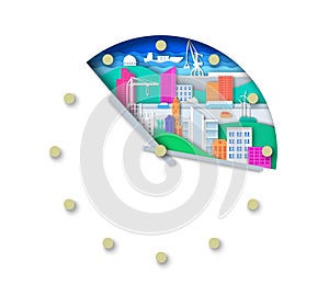 Clock with city elements, urban landscape. Vector illustration in paper art style. Modern city development.