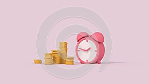 Clock and coins 3D render minimal cartoon illustration