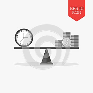 Clock and coins on seesaw icon, time is money concept. Flat design gray color symbol. Modern UI web navigation, sign.