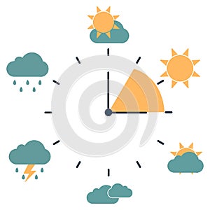 Clock with day night concept clock face vector illustration. Blue sky with clouds and sun. Moon and stars in the night
