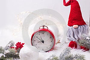 Clock, decorative elf or gnome with fairy lights