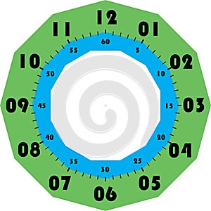 Clock dial black numbers for minutes and seconds and green cyan cadran