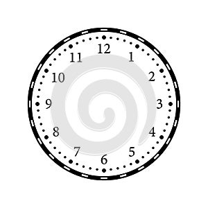 Clock dial face. Round watch face with numbers. Template of clock dial isolated on white background. Design of clockface for wall