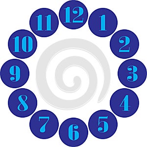 Clock dial gigantesque  cyan numbers for the hours on blue circles