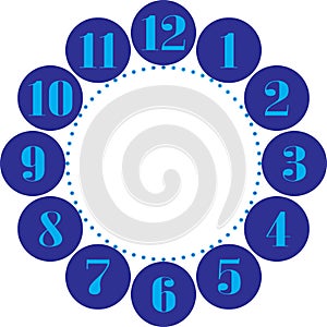 Clock dial gigantesque  cyan numbers for the hours on blue circles and blue bumbers on cyan for seconds photo