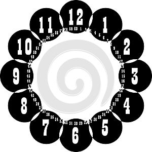 Clock dial gigantesque negative space numbers hourly on black circle game intersected with small circle of seconds on transparent