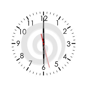 Clock dial shows 6:00 isolated on white background