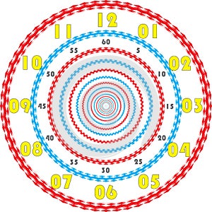 Clock dial yellow numbers for minutes and gray seconds and cyan magenta cadran