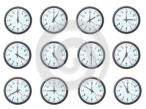 Clock different time. Various hours measurements on clocks face, office watches display showing world times zone one two