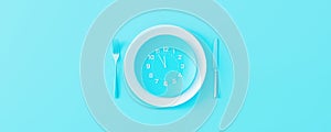 Clock in dinner plate with fork and knife on pastel blue background. Time to eat, Breakfast, Lunch Time and Dinner concept