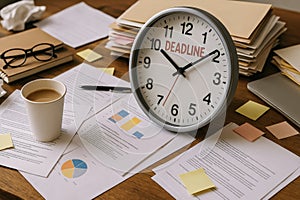 A Clock Displaying Deadline Surrounded by Papers, Coffee, and Office Supplies