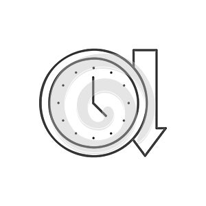 Clock with down arrow, history lineal icon. Time management symbol design.