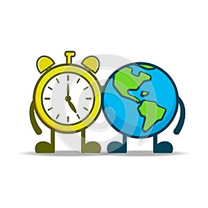 Clock and earth cartoon character