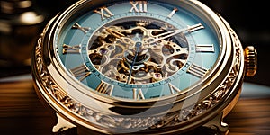 A clock with an engraved dial and golden accents, giving the image a luxurious and exquisite loo