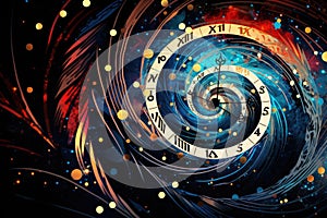 Clock face on abstract space background. Time concept. 3D Rendering, A close-up view of a digital clock striking midnight on New