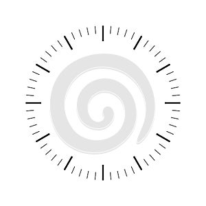 Clock face. Blank hour dial. Dashes mark minutes and hours. Simple flat vector illustration