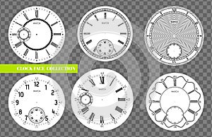 Clock face blank set isolated on transparent background. Vector watch design. Vintage roman numeral clock illustration. Black