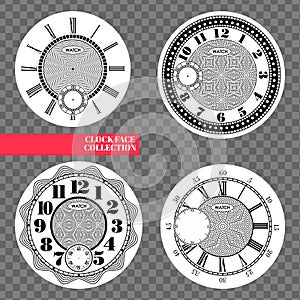 Clock face blank set isolated on transparent background. Vector watch design. Vintage roman numeral clock illustration. Black