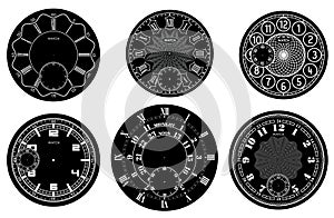 Clock face blank set isolated on white background. Vector watch design. Vintage roman numeral clock illustration. White number