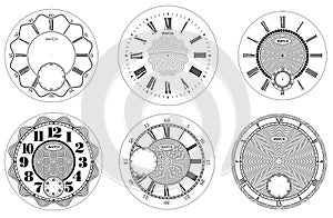 Clock face blank set isolated on white background. Vector watch design. Vintage roman numeral clock illustration. Black number