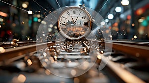 The clock face is creatively transformed into a train track. photo