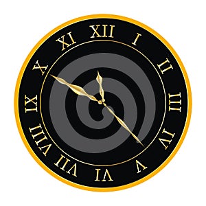 Clock face with golden Roman numerals on a black background. Illustration for New Year's cards