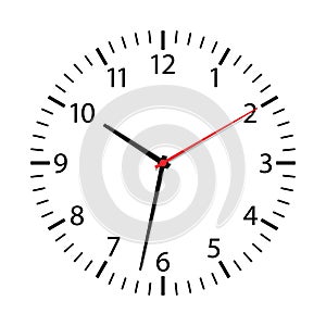Clock face isolated on white background. Simple watch icon. Modern round dial with arrows on wall. Symbol of time. Timer in office
