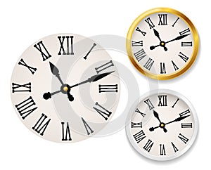 Clock face retro. Wall tower clocks with roman numerals and antique classic hands in golden and white round watch case