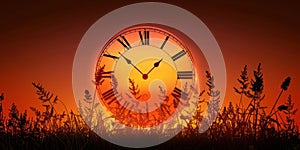 Clock Face Sunset Silhouette