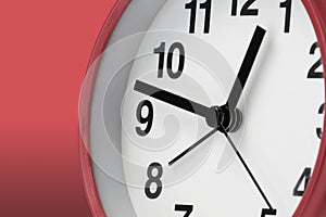 Clock face white with black hands on red background