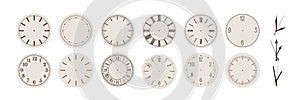 Clock faces set. Watches, clockface in old vintage and modern design styles. Analog dial with numbers. Round circle photo