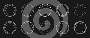 Clock faces. Watch with numbers. Dial icons. Circle stopwatch with scale. Round outline modern clocks isolated on black background