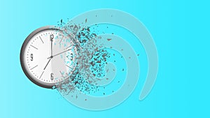 Clock falls apart, on a blue background. Dispersion effect. Copy space. Concept of the passing time. Business. Lifestyle