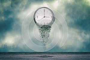 Clock falls apart, in the cloudy sky. Dispersion effect. The concept of the passing time. Business. Lifestyle