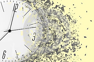 Clock falls apart, on a yellow background. Dispersion effect. Close-up. Concept of the passing time. Business. Lifestyle