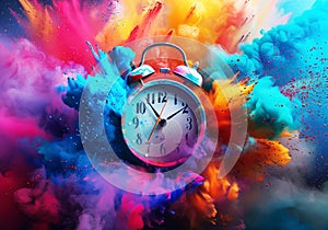 Clock in a fantastic and fantasy environment splashed with rainbow paint and powder. Digital art