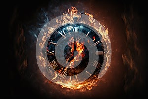 Clock on fire, hands distorted as time burns away. Generative AI