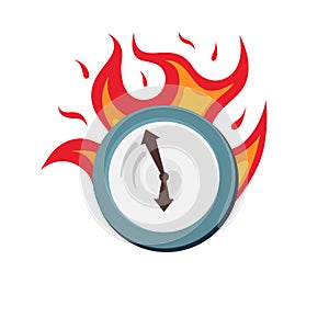 Clock on fire symbol deadline and rush hour. Hurry up time ripe for making decision. Burning watch punctuality