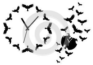 Clock with flying birds, vector