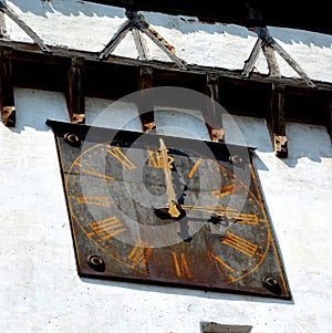 Clock. Fortified medieval saxon evangelic church in Agnita- Agnetheln, transylvania, Romania