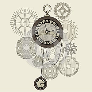 Clock gear. Clockwork mechanism. Vintage watch. Antique Cogwheels. Time concept. Retro metal chronometer dial. Pendulum