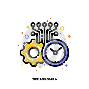 Clock and gear icon for concept of optimizing time management with digital tools and technologies. Flat filled outline style.