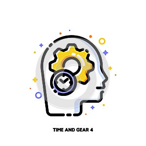 Clock and gear icon for concept of time management optimization with artificial intelligence AI. Flat filled outline style