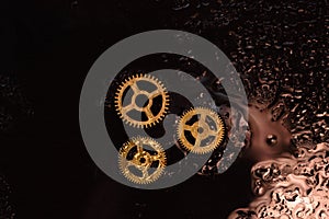 Clock gears with drops of water.
