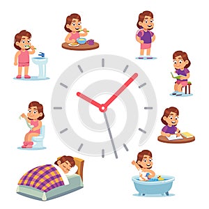 Daily clock for girl. Routine schedule of happy baby girls life from morning breakfast at home eating school to sleep