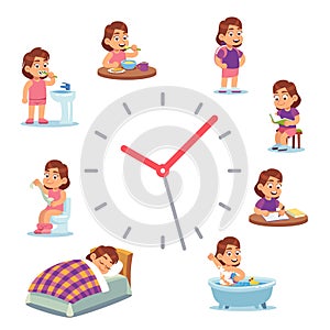 Daily clock for girl. Routine schedule of happy baby girls life from morning breakfast at home eating school to sleep photo