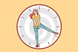 Clock with happy woman with hand together communicating importance of time management