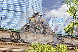 Clock and Hercules, Mercury and Minerva sculptures, Grand Central Terminal Railway Station, New York City, New York, USA