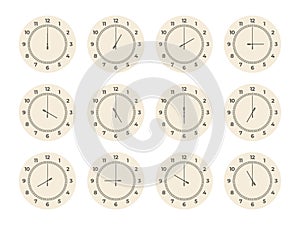 Clock hours set. Round watch faces with arabic roman numbers, twelve dial elements analog displays showing different