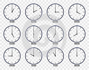 Clock icon. Face of watch on wall. Set of different clocks for time. Line icons of hour and minute with morning, noon, afternoon,